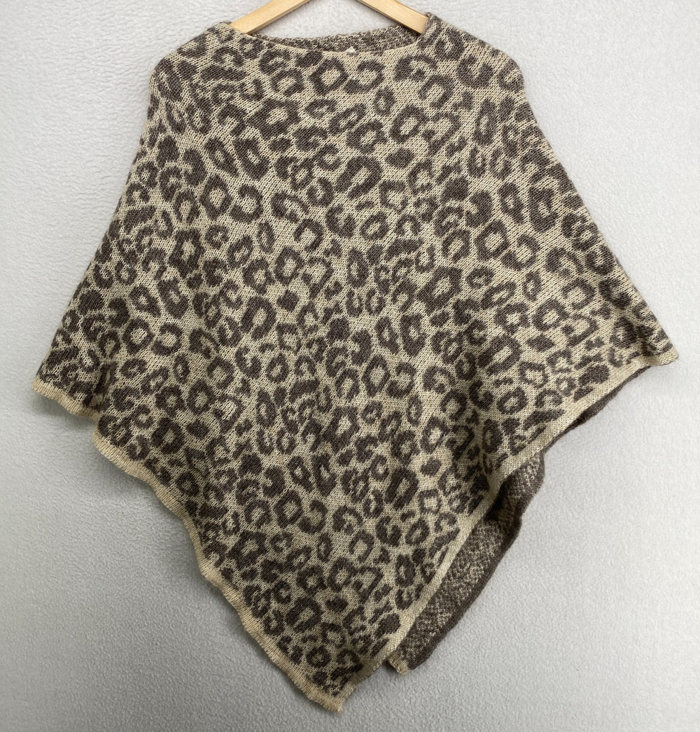 NARDI TAGLIAFERRI Sweater Womens OS Mohair Wool Leopard Poncho Asymmetric Beige